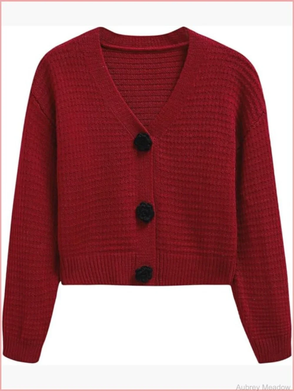 Open Front Rose Buttoned Crop Knit Cardigan V Neck Long Sleeve Casual Sweater